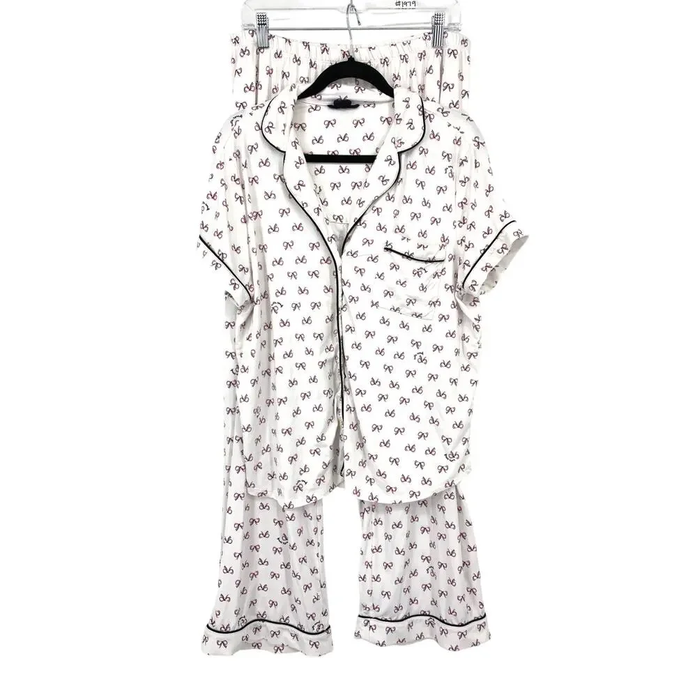 Kate Spade Pajama Set Womens Size XL White Pink Black Bow Novelty Print
